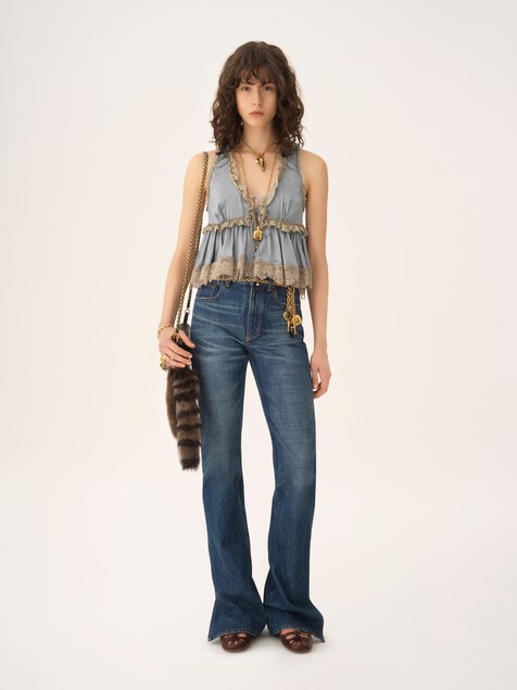 Tie-front sleeveless top in washed silk satin & lace