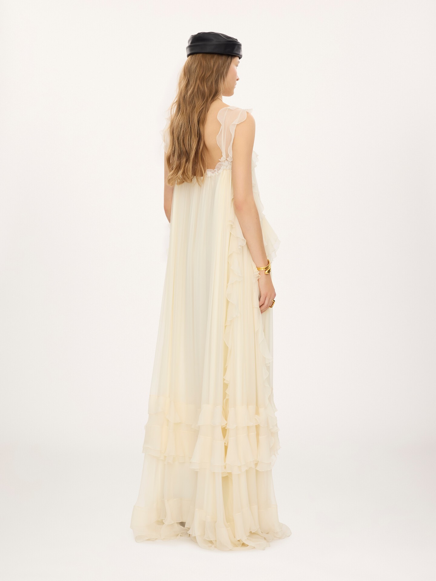 Sleeveless layered long dress in silk mousseline & lace - 5.0
