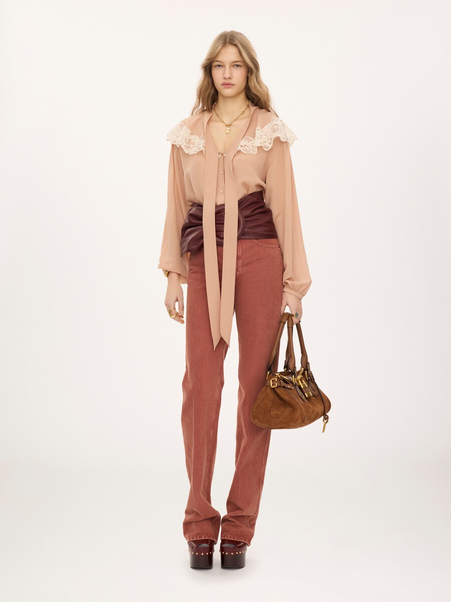 Tie-front gathered blouse in silk georgette & lace - 3
