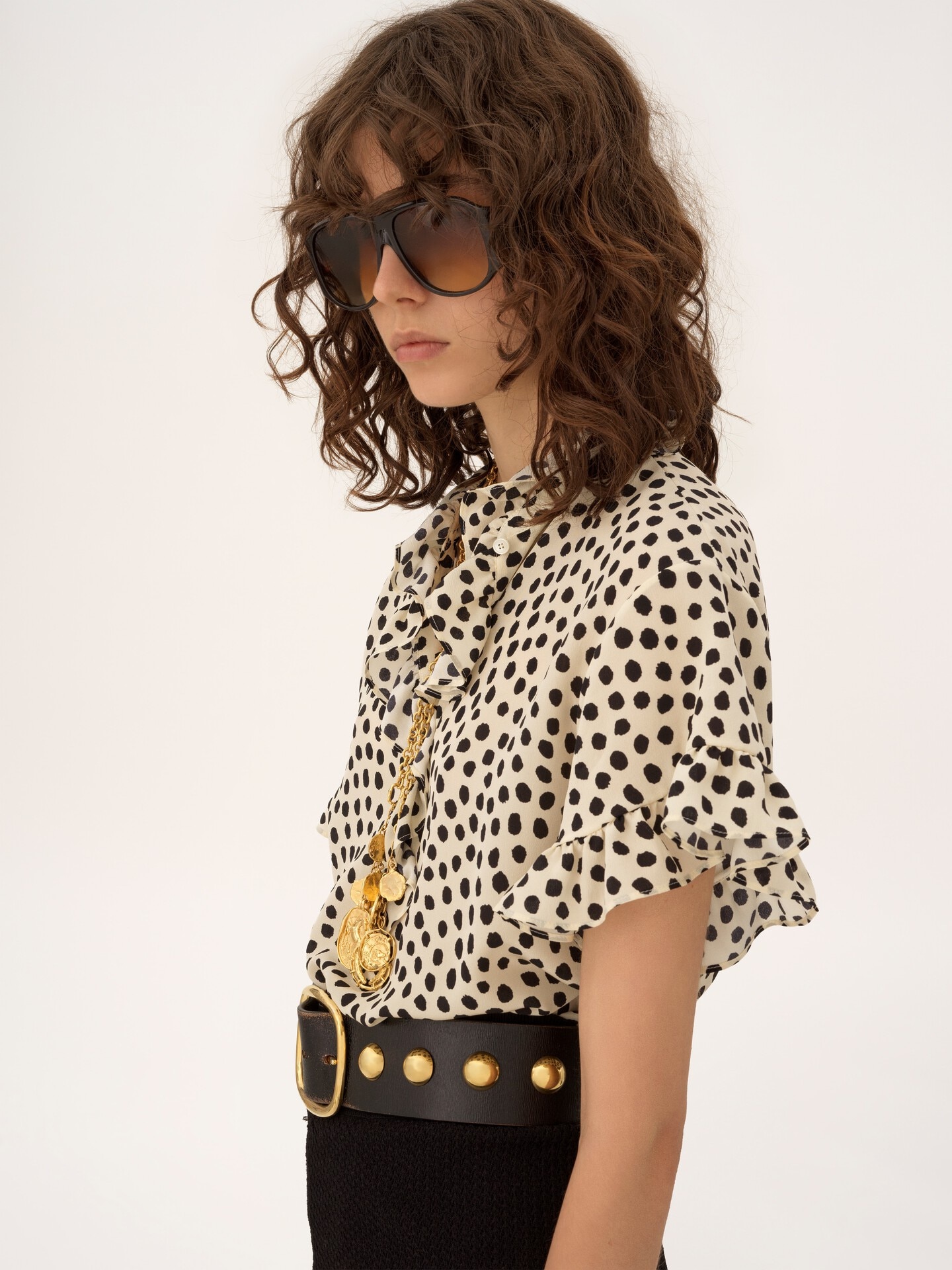 Short-sleeve ruffle top in cr&ecirc;pe de chine - 5.0