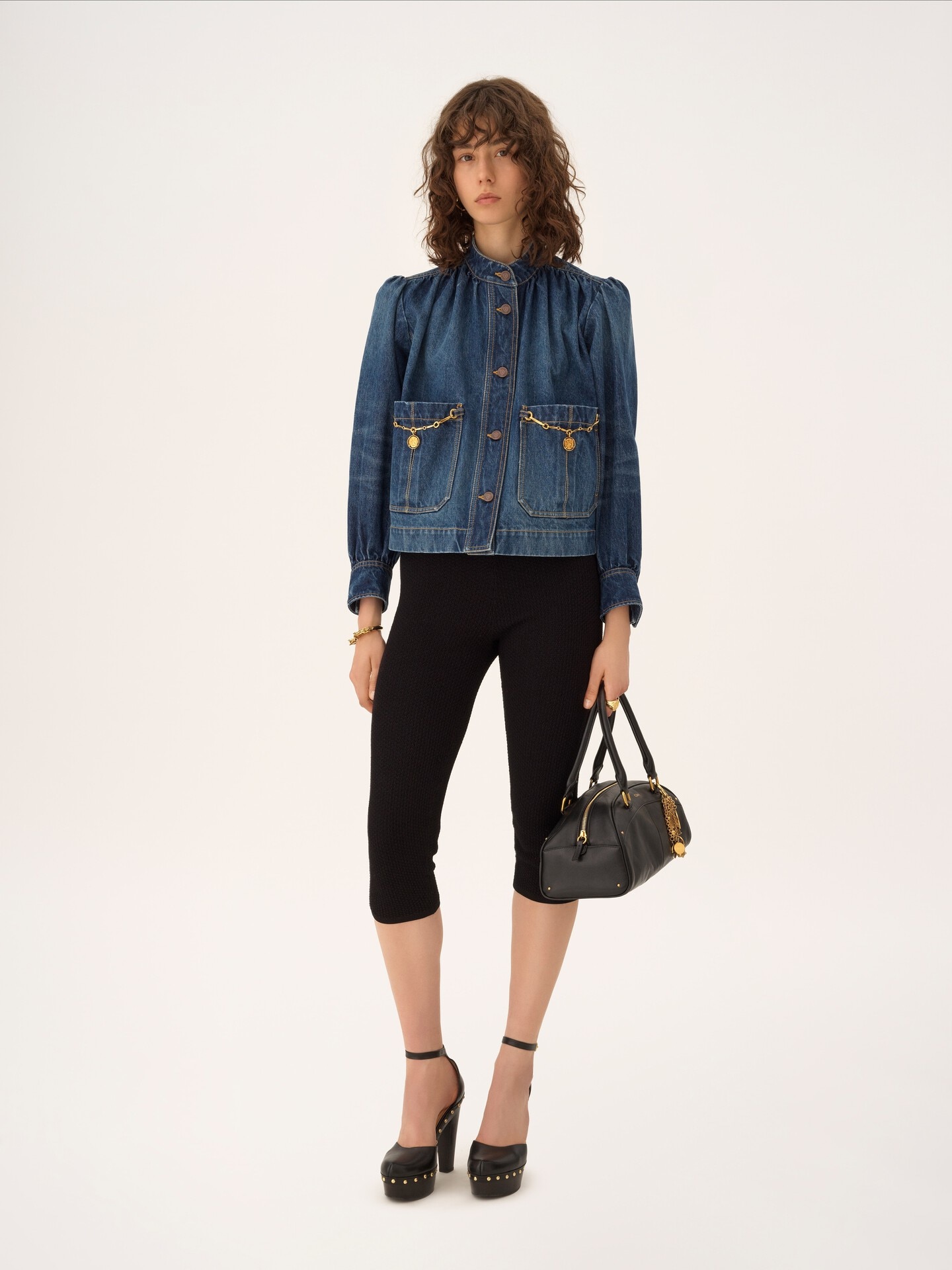 High-neck gathered jacket in denim - 1.0