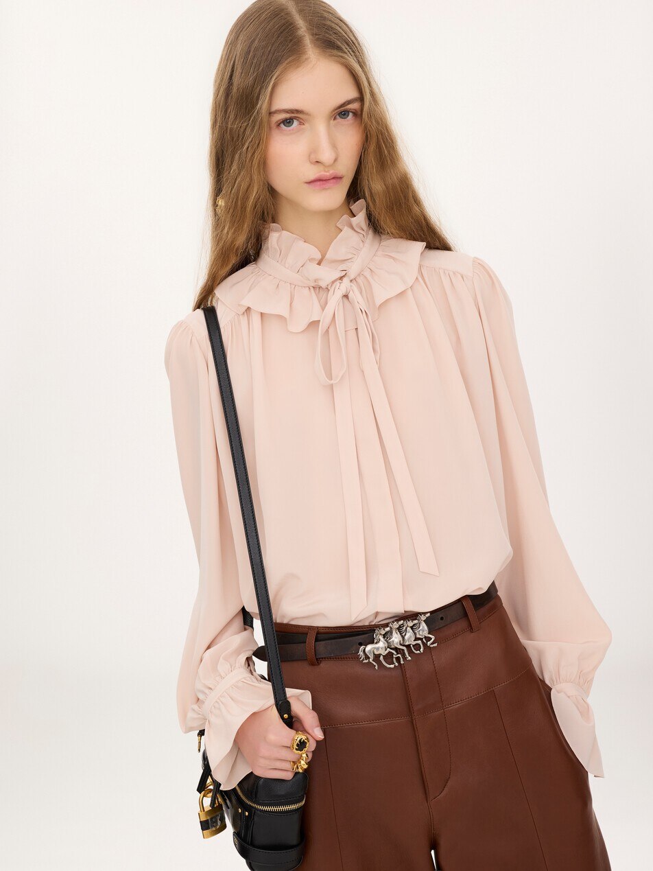 Tie-front ruffled blouse in cr&ecirc;pe de chine