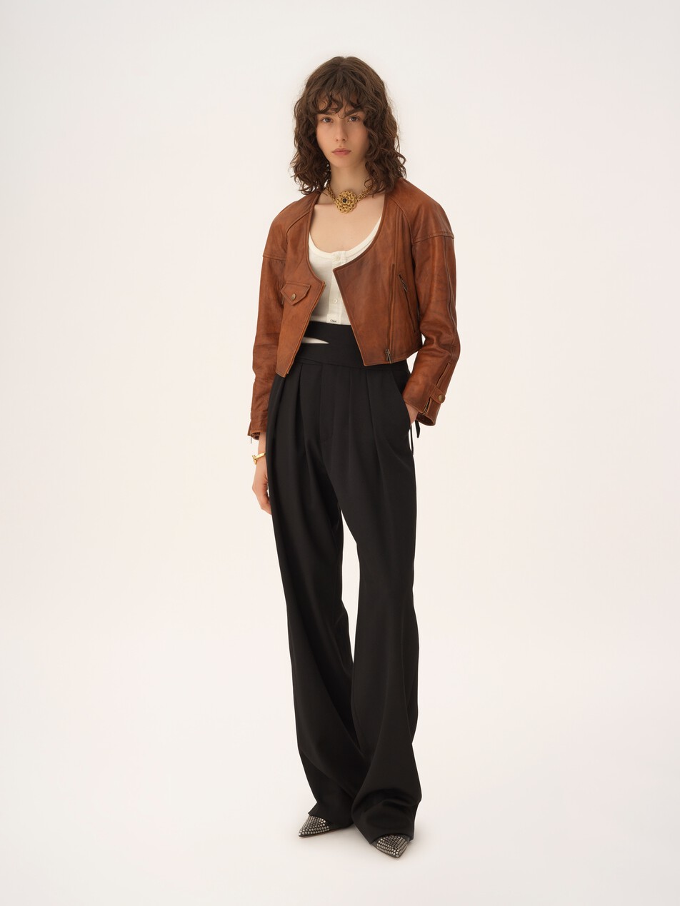 Cropped scoop-neck jacket in leather
