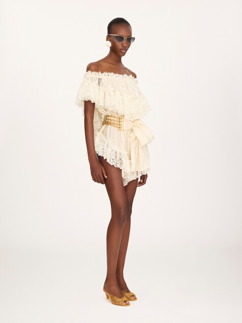 Off-the-shoulder mini jumpsuit in washed silk satin & lace