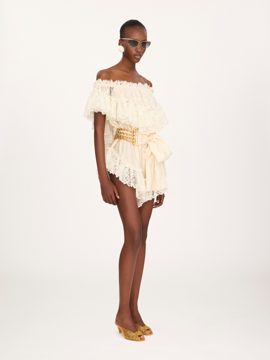 Off-the-shoulder mini jumpsuit in washed silk satin & lace - 3