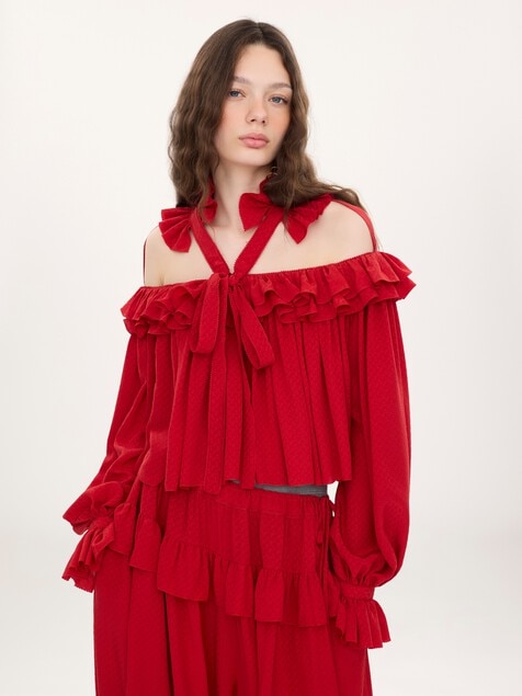 Cut-out ruffle top in silk jacquard