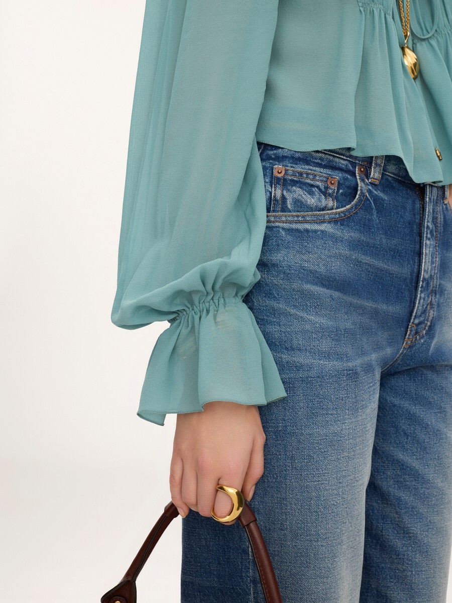 Top cropped de cuello redondo de georgette de seda y encaje - 7