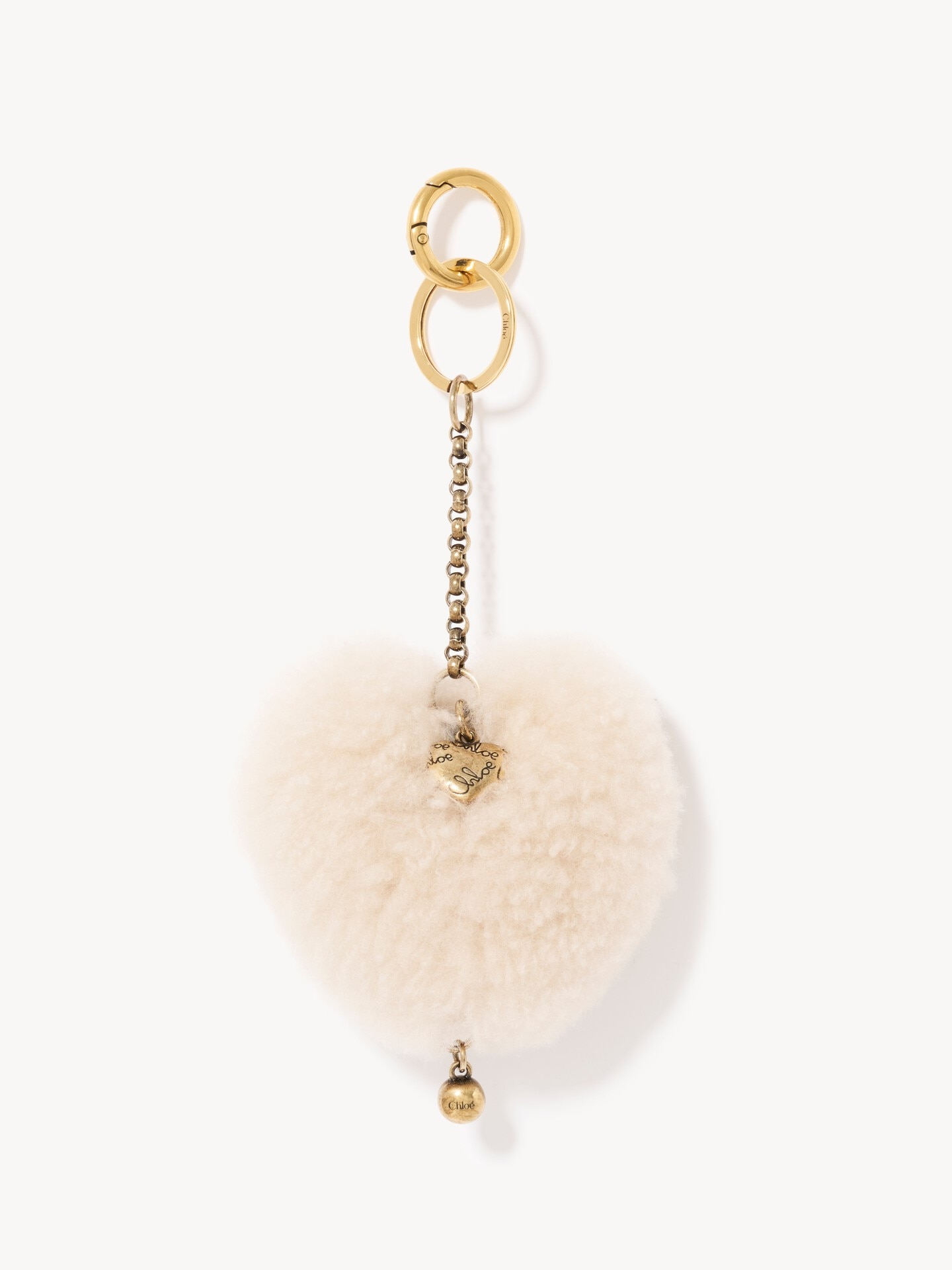 Chlo&eacute; Symbols Heart Shearling & Mini Heart key ring bag charm in brass - 1.0