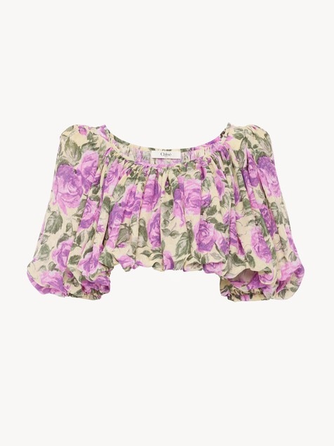 Top cropped con mangas abullonadas de jacquard de seda