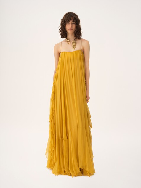 Sleeveless long dress in silk mousseline