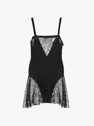 Sleeveless mini dress in silk charmeuse & lace - 1