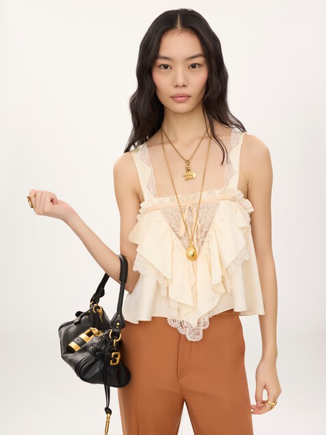 Sleeveless ruffle top in washed silk satin & lace