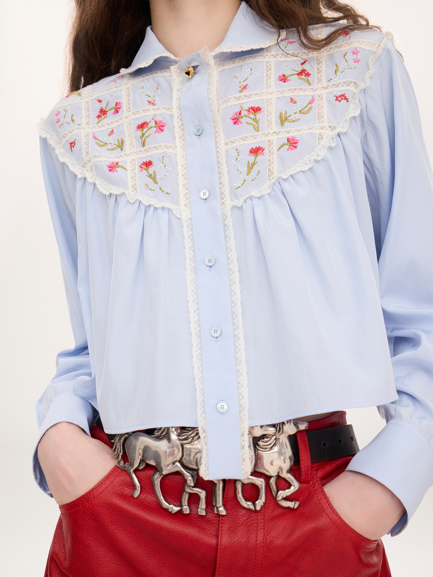 Cropped blouse in silk, cotton poplin & lace - 5.0
