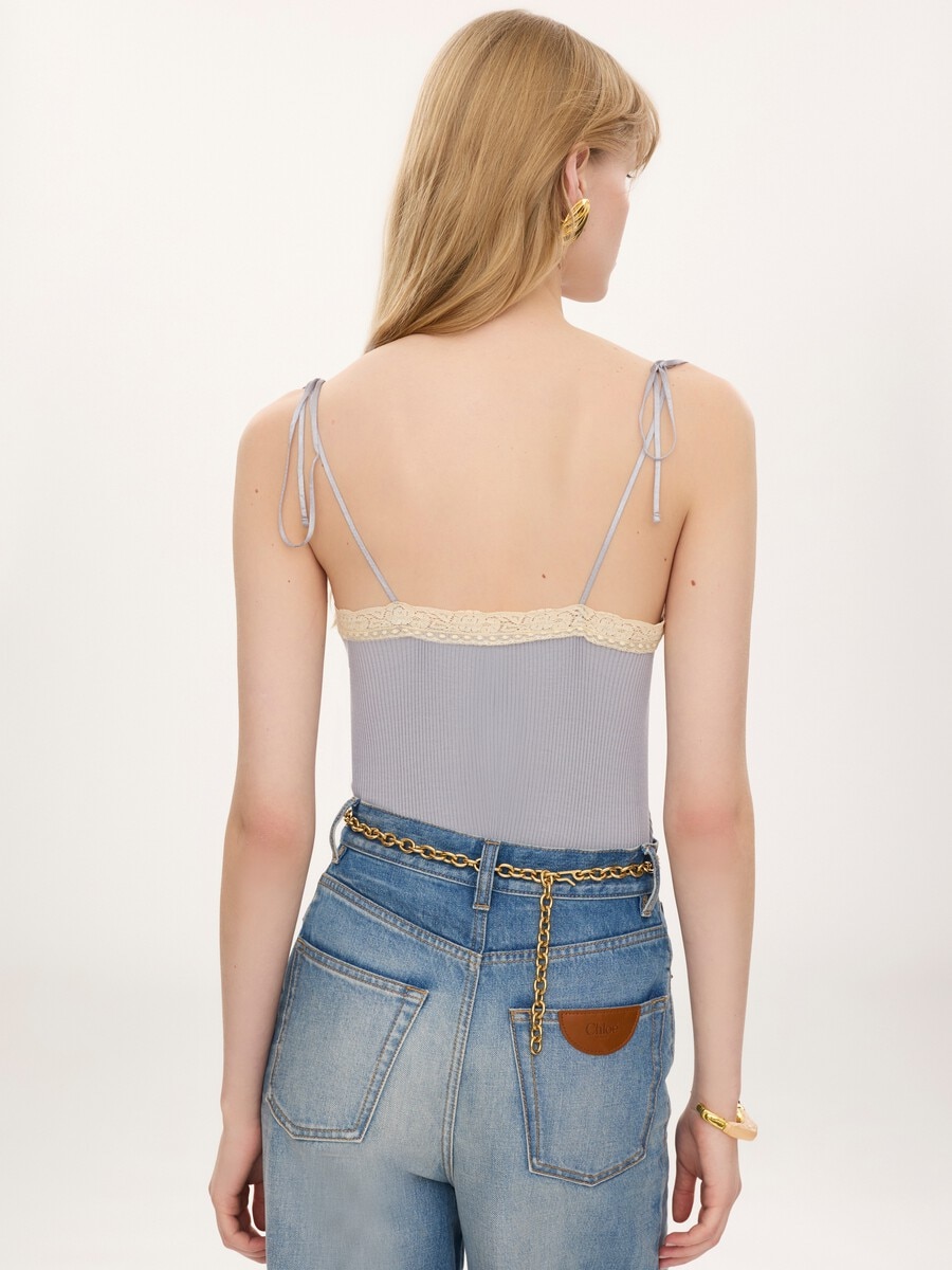 Thin-strap tank top in cotton jersey & lace - 4