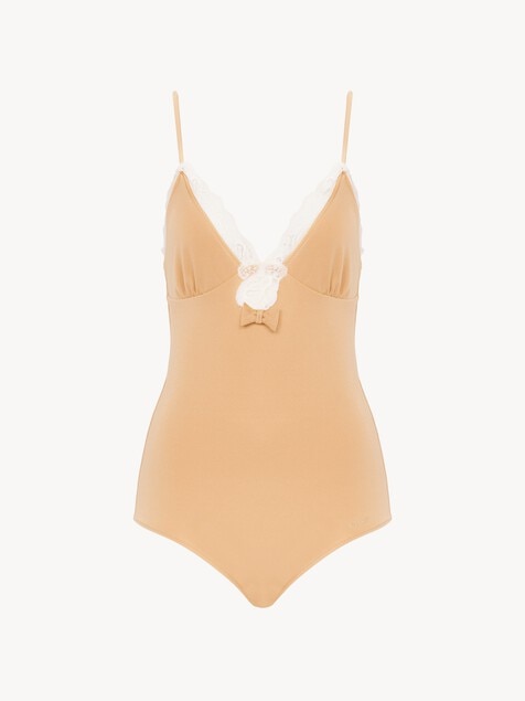 Lace-trimmed ruched bodysuit