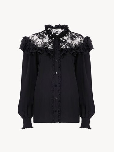 High-neck ruffled blouse in cr&ecirc;pe de chine & lace - 1