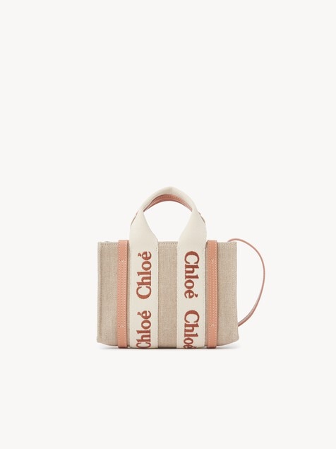 Mini Woody tote bag in linen & leather