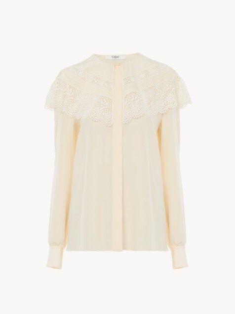 Gathered blouse in cr&ecirc;pe de chine & lace