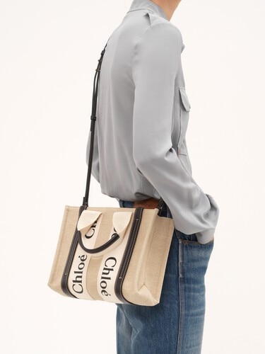 Small Woody tote bag in linen - 3