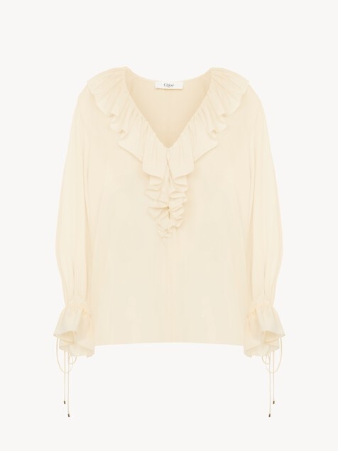 V-neck ruffle top in cr&ecirc;pe de chine