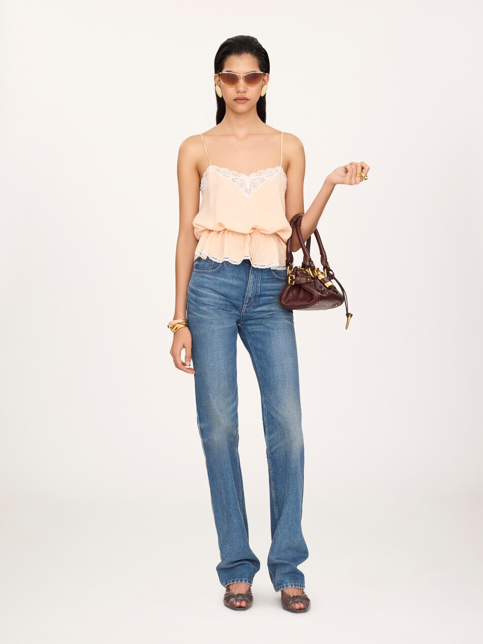 Camisole top in silk jacquard & lace