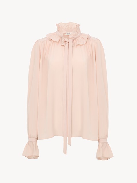 Blouse lavalli&egrave;re &agrave; volants en cr&ecirc;pe de chine