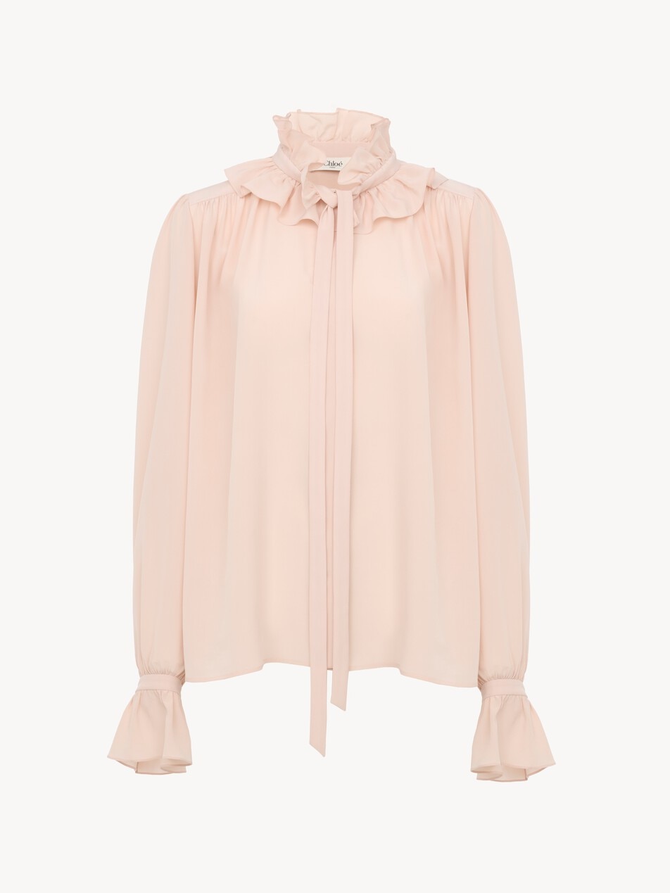 Tie-front ruffled blouse in cr&ecirc;pe de chine