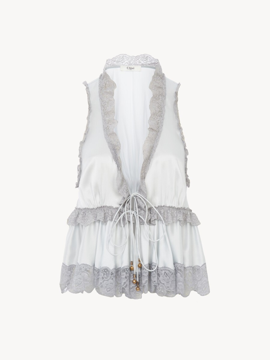 Tie-front sleeveless top in washed silk satin & lace - 2