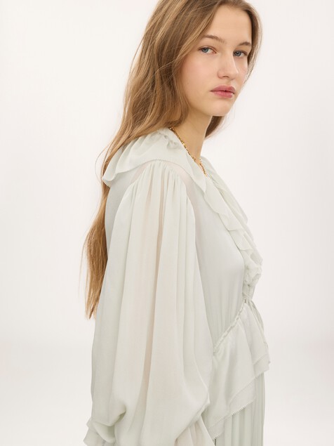 Gathered long dress in silk charmeuse