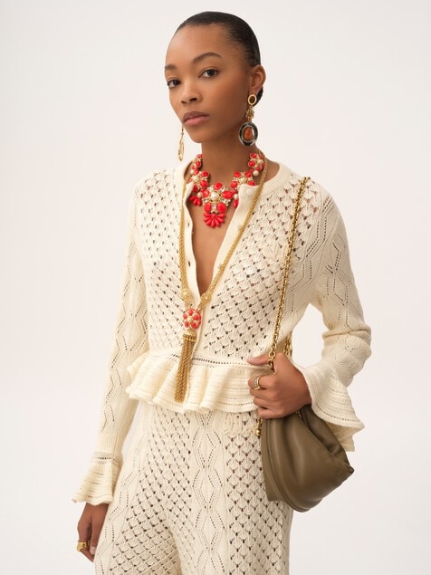 Ruffled logo cardigan in a silk, alpaca & cotton knit