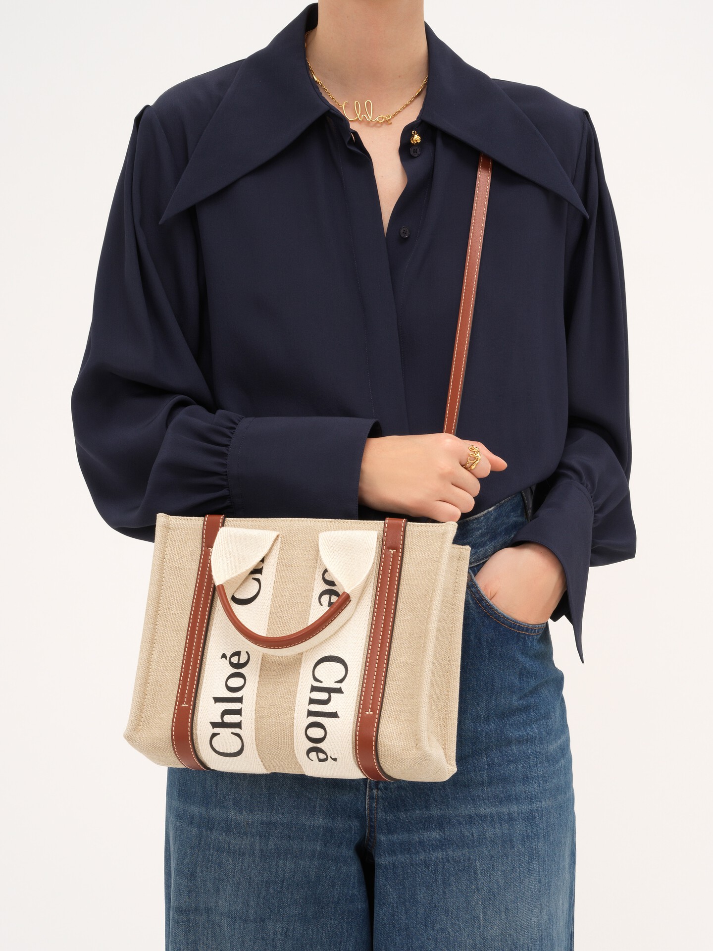Small Woody tote bag in linen - 2.0