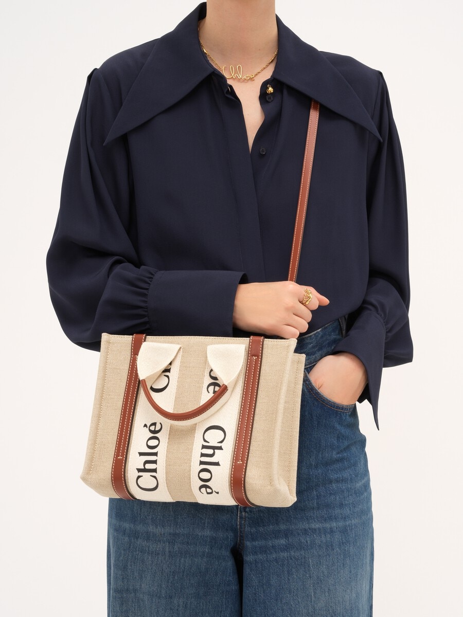 Small Woody tote bag in linen - 2