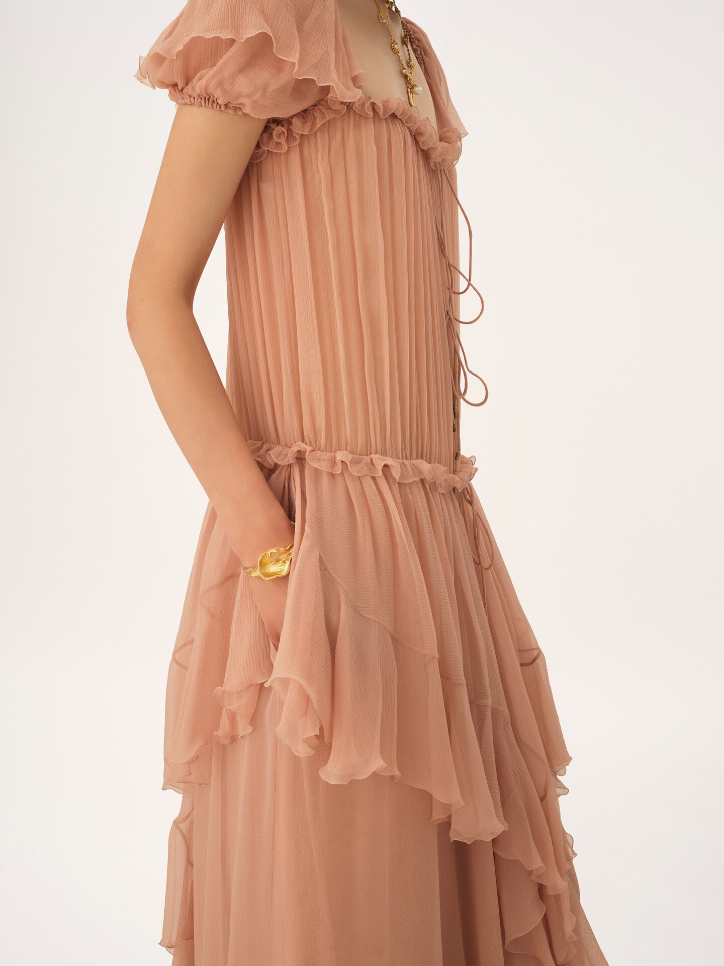 Gathered long ruffled dress in silk mousseline - 6.0