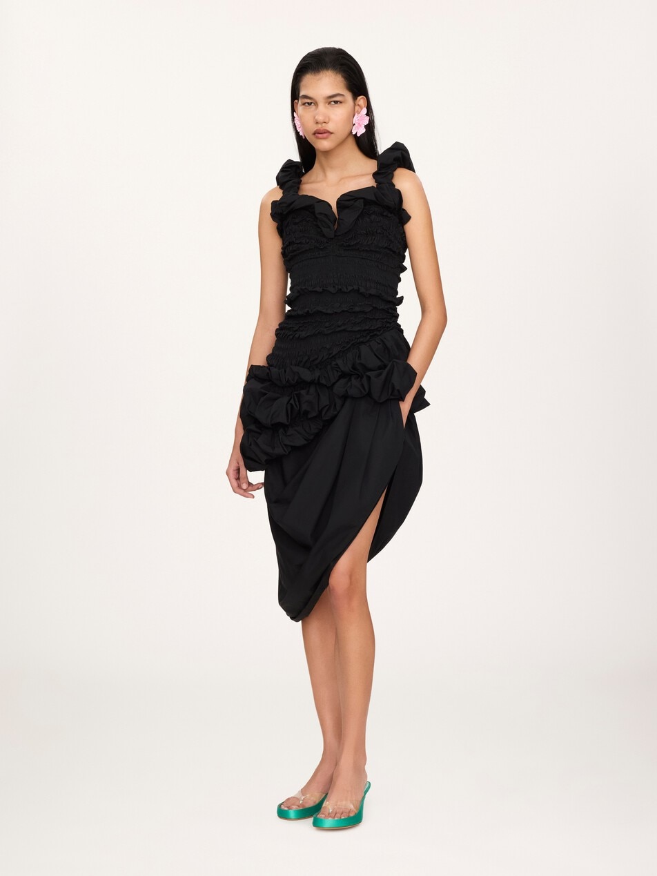Ruched bustier midi dress in cotton poplin