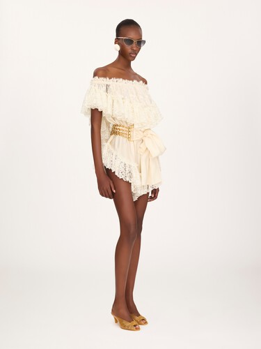 Off-the-shoulder mini jumpsuit in washed silk satin & lace - 3