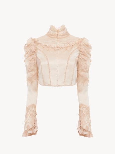Cropped fitted jacket in silk duchess satin & lace - 1