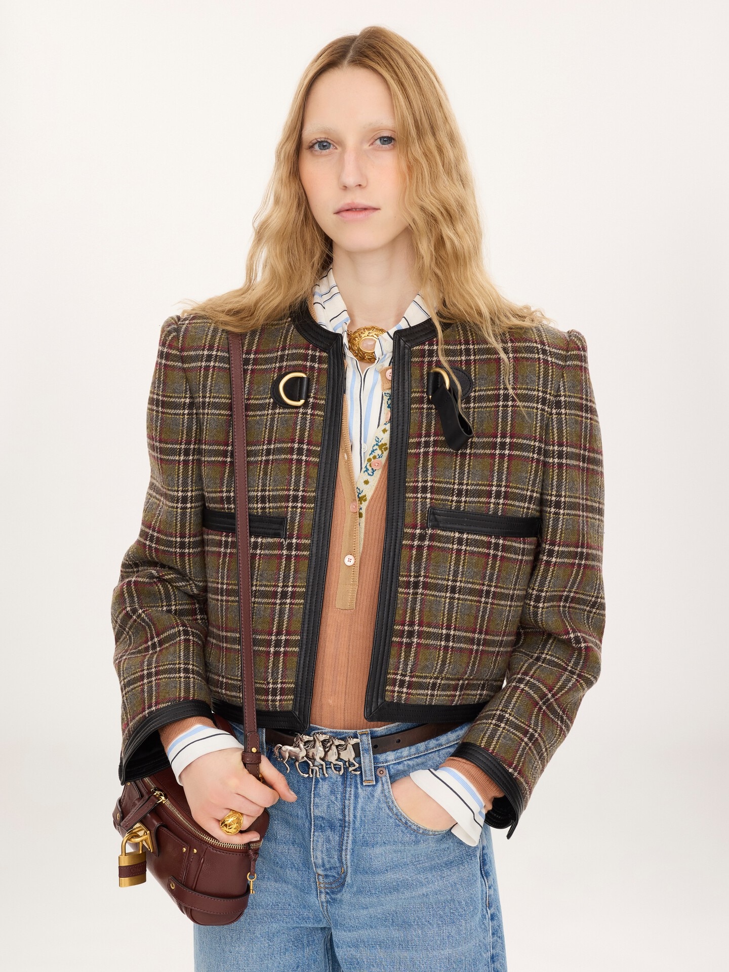 Collarless cropped boxy jacket in check wool - 3.0