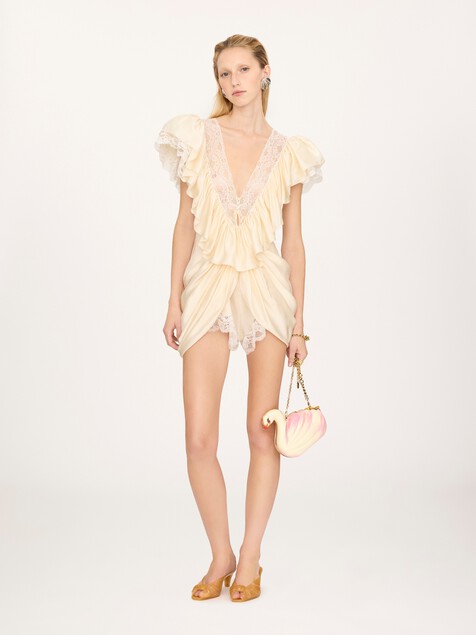 V-neck short jumpsuit in washed silk satin & lace