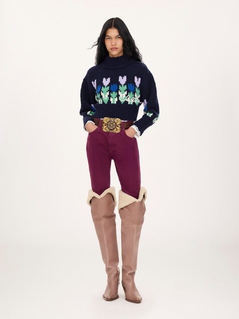 Cropped mock-neck logo sweater in a wool knit