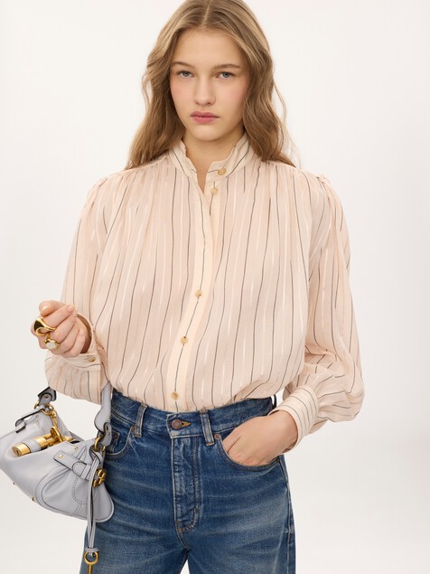 Gathered blouse in cotton & silk poplin