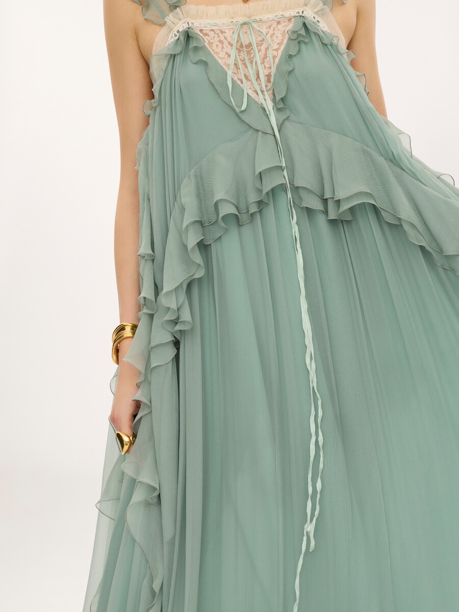 Sleeveless layered long dress in silk mousseline & lace - 4