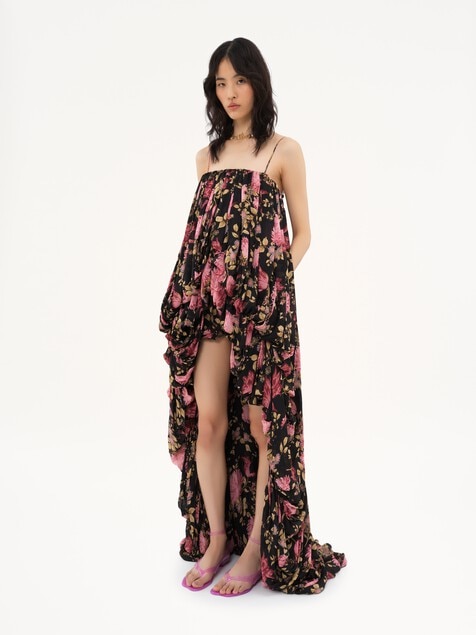 High-low sleeveless jumpsuit in silk charmeuse