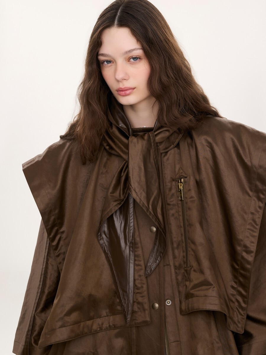Hooded long cape coat in satin - 3