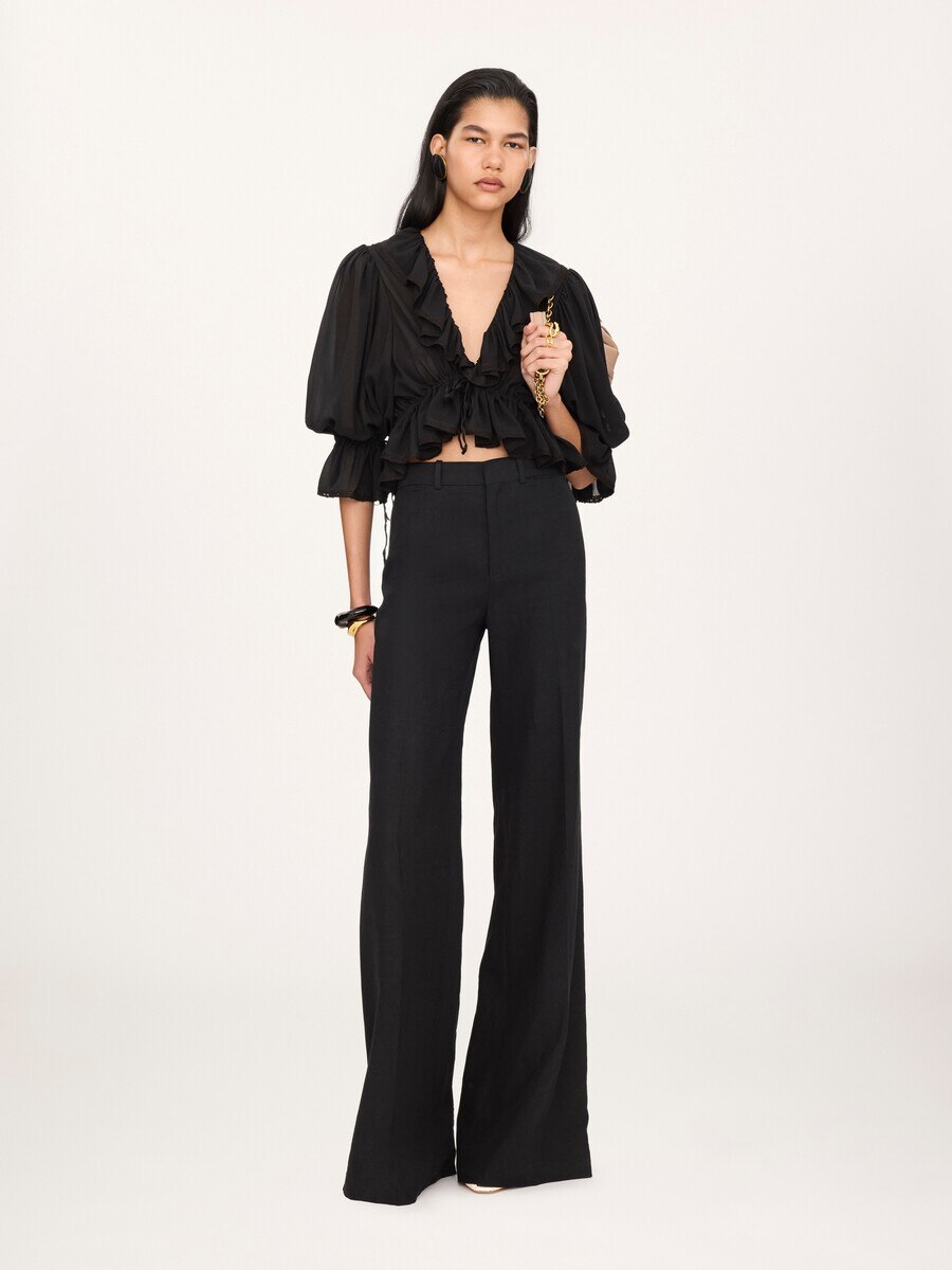 Cropped V-neck ruffle top in silk georgette & lace - 2