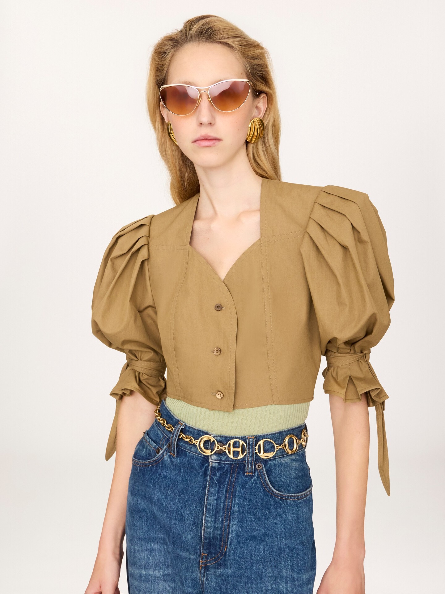 Puff-sleeve cropped top in cotton poplin - 3.0
