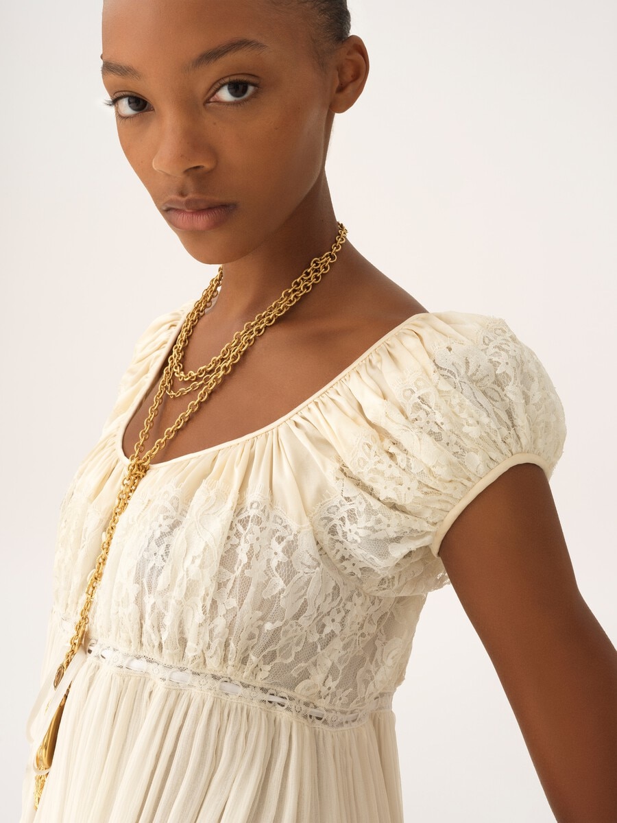 Short-sleeve mini dress in silk mousseline & lace - 3