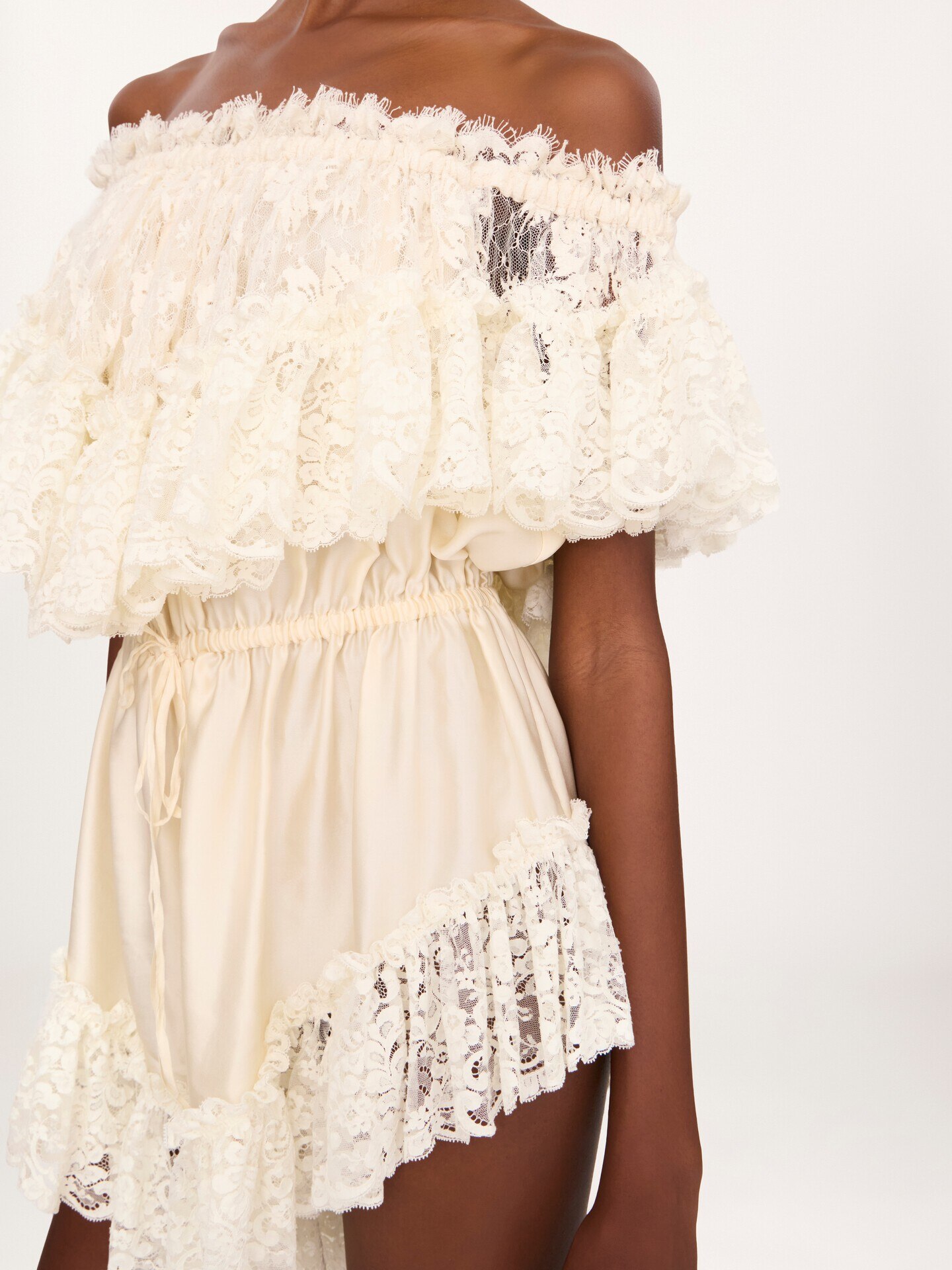 Off-the-shoulder mini jumpsuit in washed silk satin & lace - 3.0