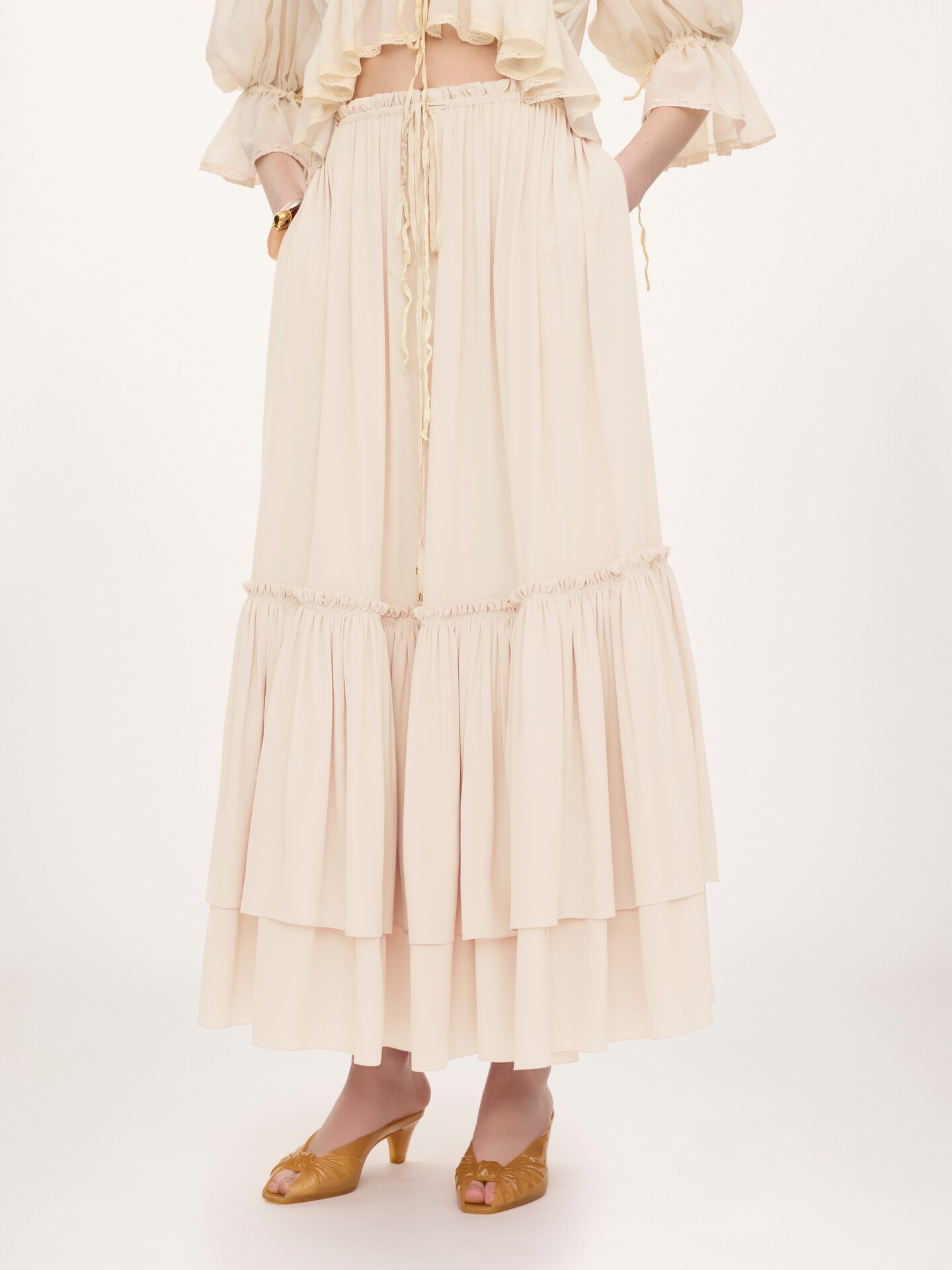 Ruffled long skirt in silk mousseline - 3.0