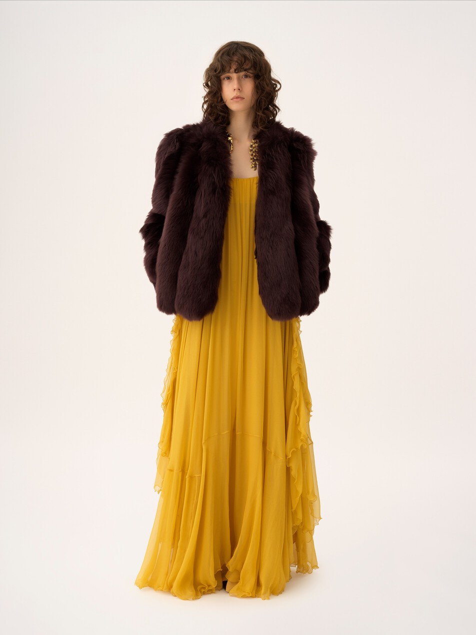 Sleeveless long dress in silk mousseline