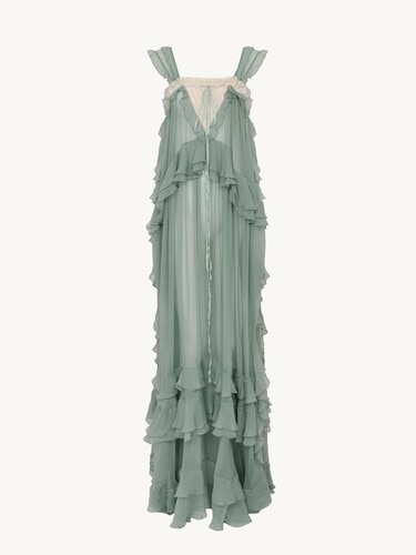 Sleeveless layered long dress in silk mousseline & lace - 2